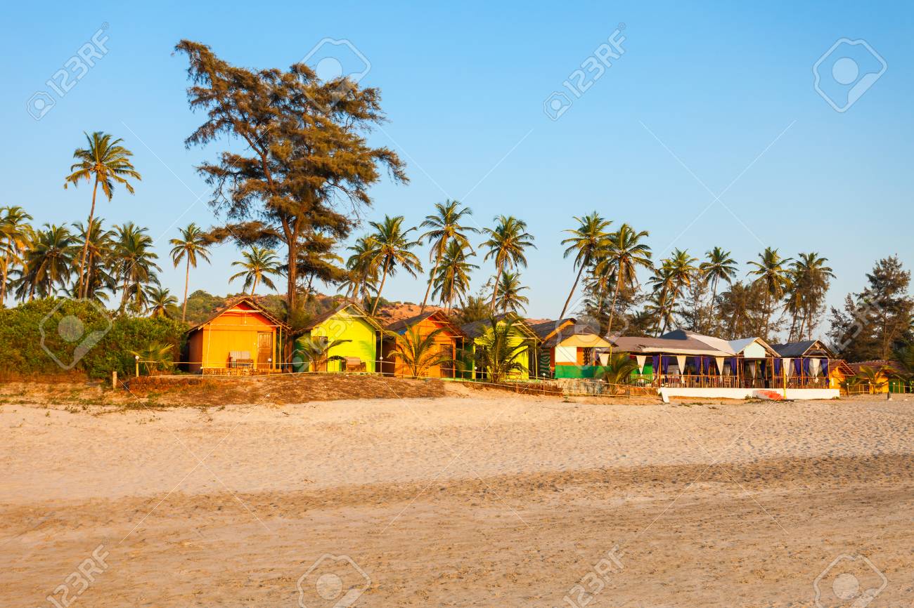 Beach Huts And Sunbeds On Arambol Beach In North Goa India