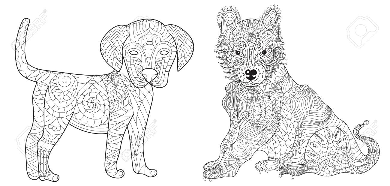 Set Of 2 Dogs Anti Stress Vector Coloring Book For Adult ...