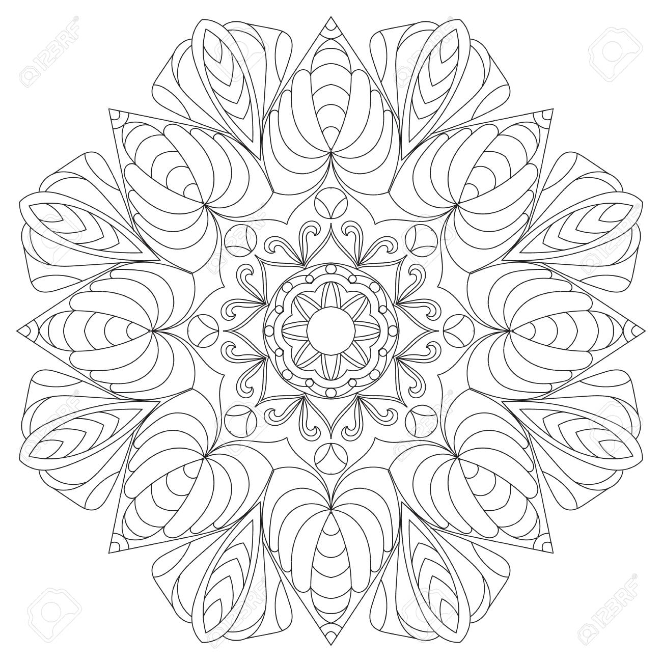 大人のための花の円形マンダラ 塗り絵のページデザイン アンチストレス黒と白のヴィンテージ装飾要素 モノクロ東洋民族模様 手描きの孤立ベクトルイラスト のイラスト素材 ベクタ Image 94662276