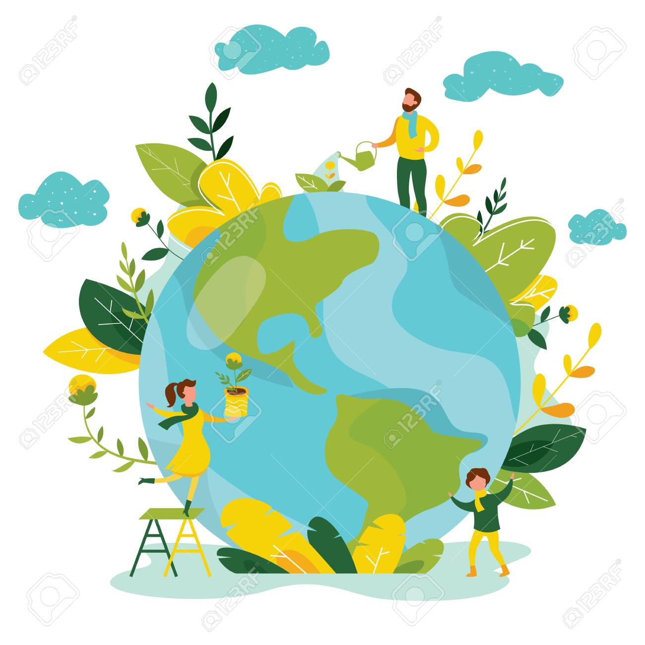 Ecology Concept People Take Care About Planet Ecology Protect Nature And Ecology Banner Earth Day Globe With Trees Plants And Volunteer People Vector Illustration Royalty Free Cliparts Vectors And Stock Illustration Image