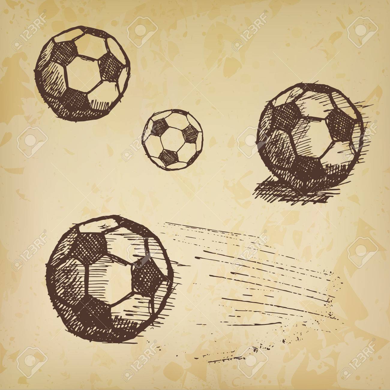 football soccer ball sketch set on old paper soccer ball paper