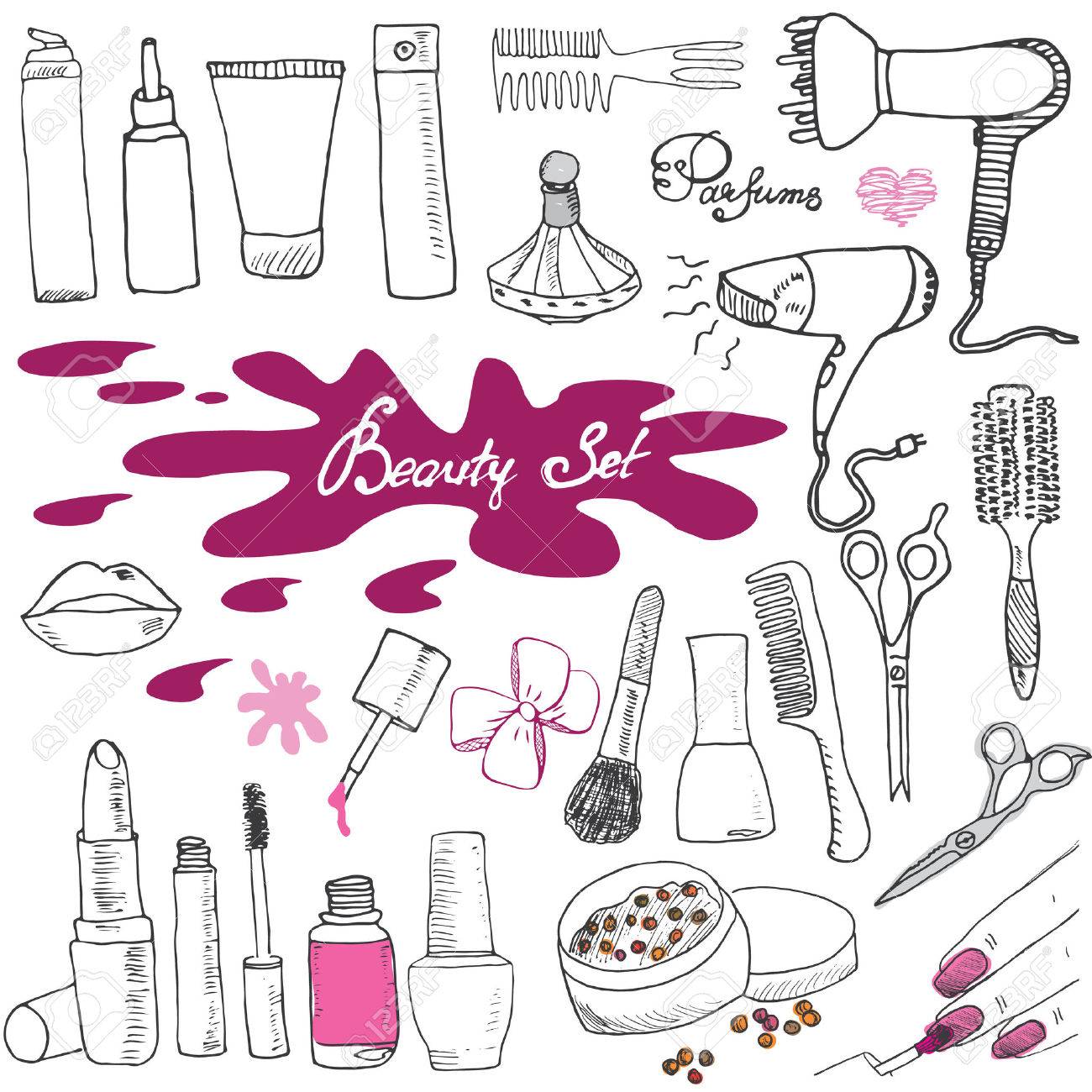 Hand Gezeichnete Sammlung Von Make Up Kosmetik Und Beauty Produkte Gesetzt Mit Haarbursten Trockner Lippenstift Und Nagel Isoliert Lizenzfrei Nutzbare Vektorgrafiken Clip Arts Illustrationen Image