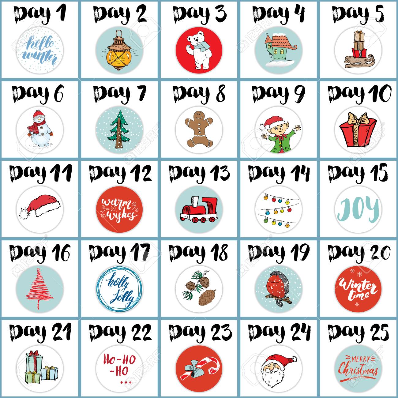 christmas advent calendar hand drawn elements and numbers winter photo calendar cards
