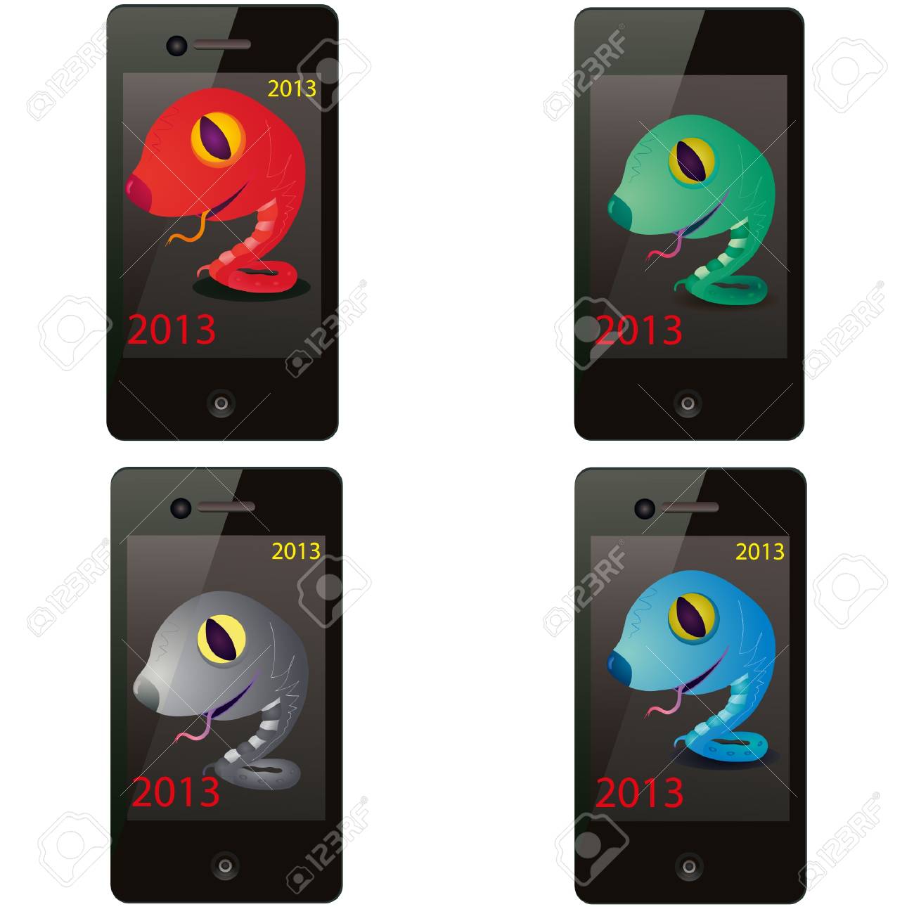 Ensemble De Quatre Serpents Sur L Ecran Du Telephone Clip Art