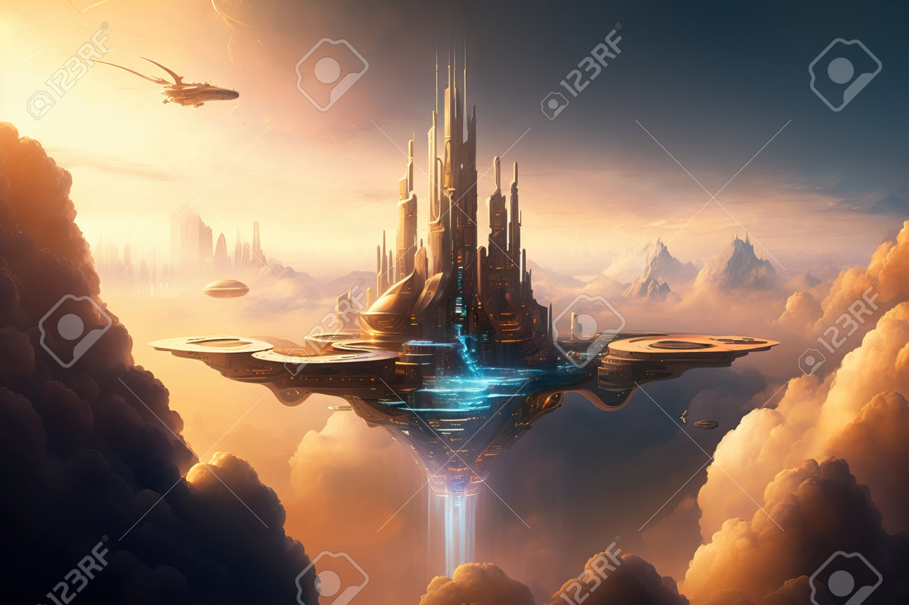 Futuristic Flying City In Clouds, Generative AI Фотография, картинки,  изображения и сток-фотография без роялти. Image 199131469