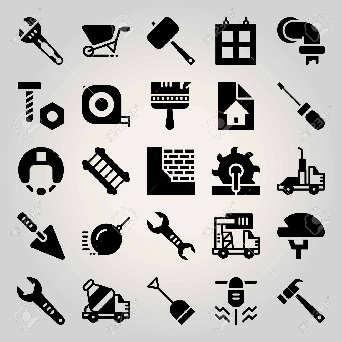 構築ベクトルアイコンセット レンガ壁 ヘルメット 測定テープおよび解体 のイラスト素材 ベクタ Image