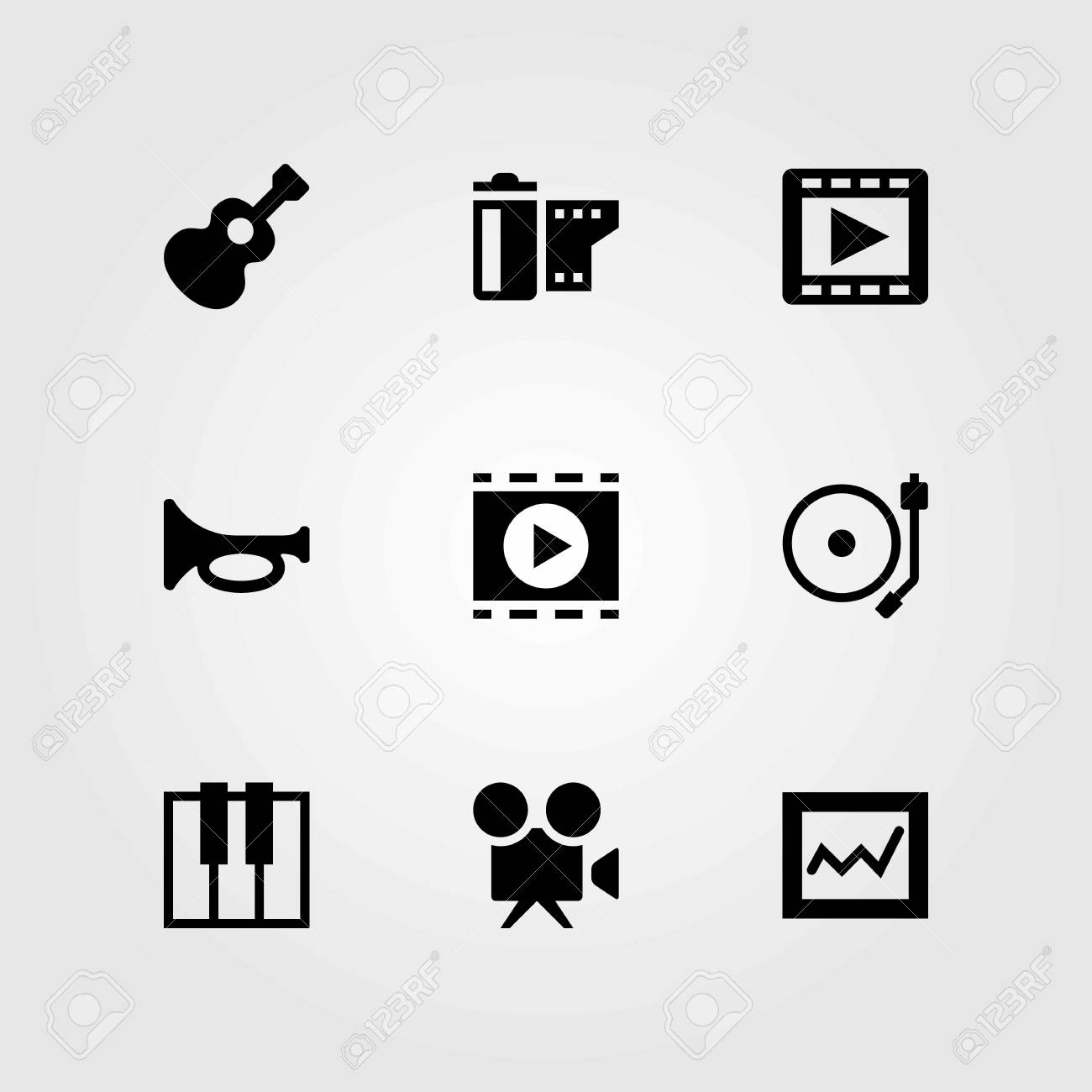 Conjunto De Icones Do Vetor Multimidia Violao Analytics E Jogador De Filme Ilustraciones Vectoriales Clip Art Vectorizado Libre De Derechos Image 93983959