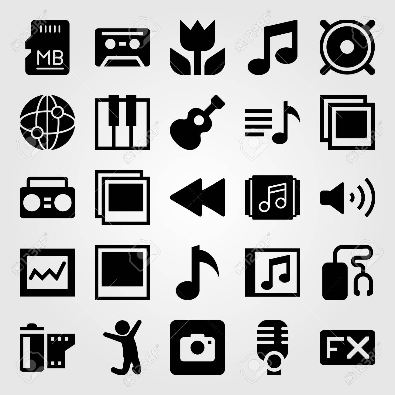 マルチメディアアイコンセットベクトル ギター Fx 音楽プレーヤー 広告カード のイラスト素材 ベクタ Image