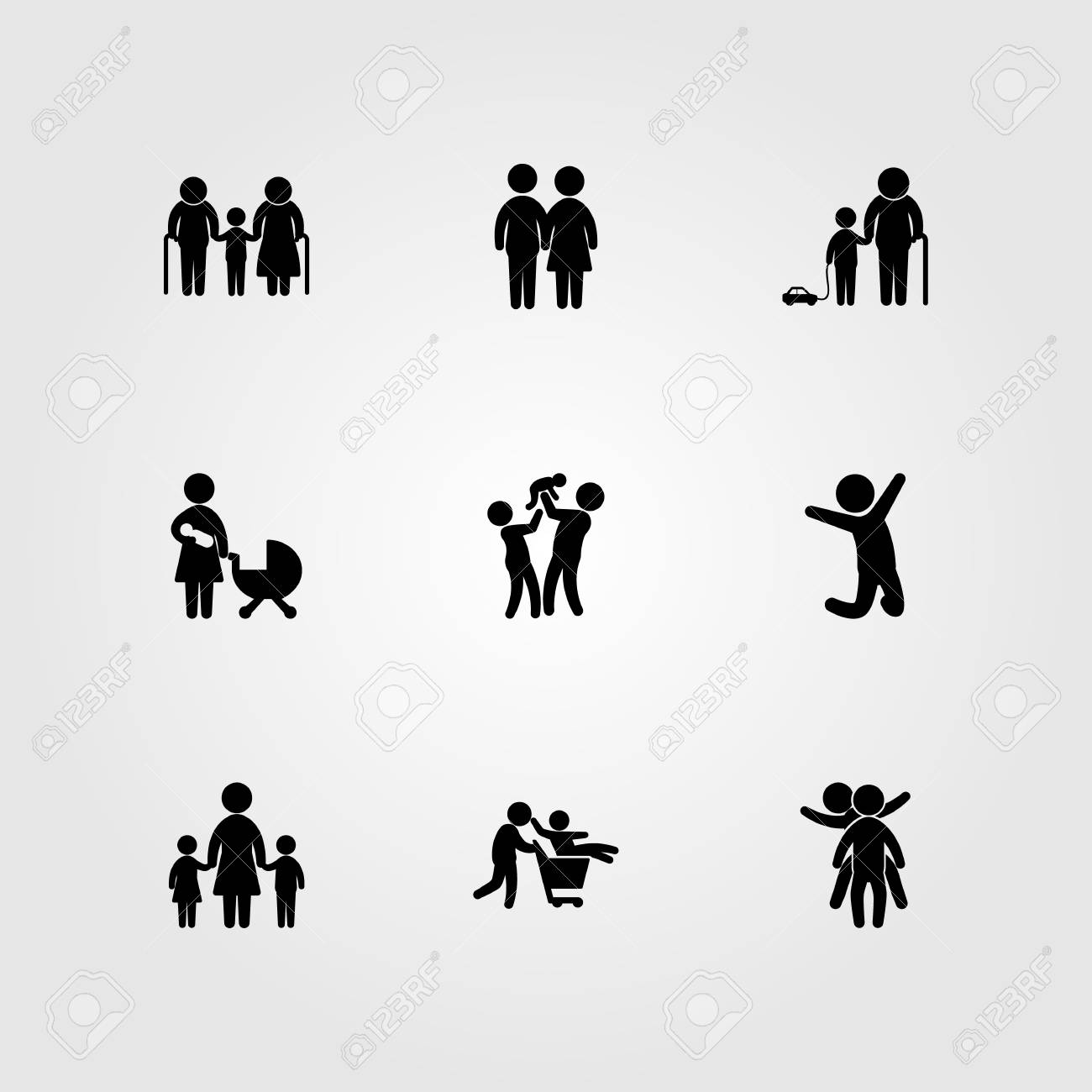 人間のアイコンセットベクトル ジャンプ男 カップル 孫と2人の子供が遊んでいます のイラスト素材 ベクタ Image