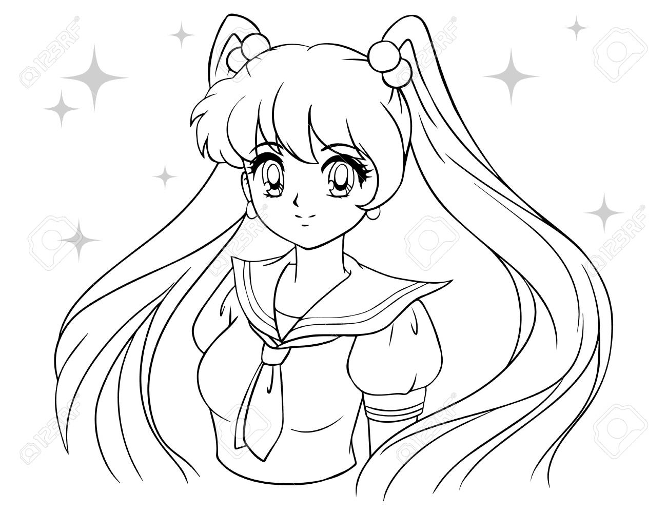 学校のセーラー服の尾を持つかわいい漫画の女の子 塗り絵 子供のゲームのための輪郭描画 90sアニメとマンガスタイル手描きのベクトルイラスト のイラスト素材 ベクタ Image