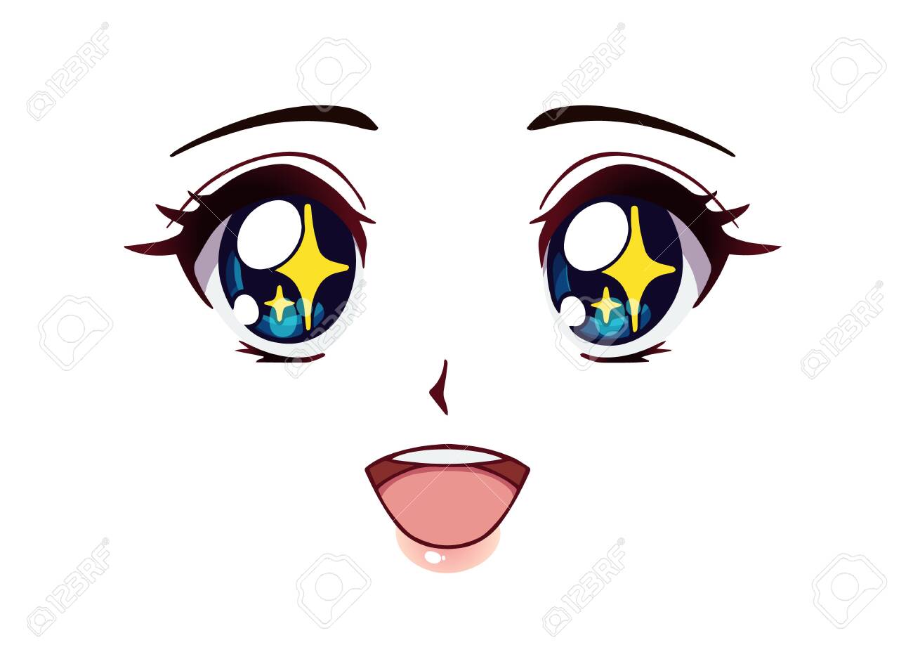 Happy Anime Face. Manga Style Big Blue Eyes, Little Nose And Big Kawaii  Mouth. Yellow Sparkles In Her Eyes. Hand Drawn Vector Illustration. Royalty  Free SVG, Cliparts, Vectors, and Stock Illustration. Image, image size:1300x928