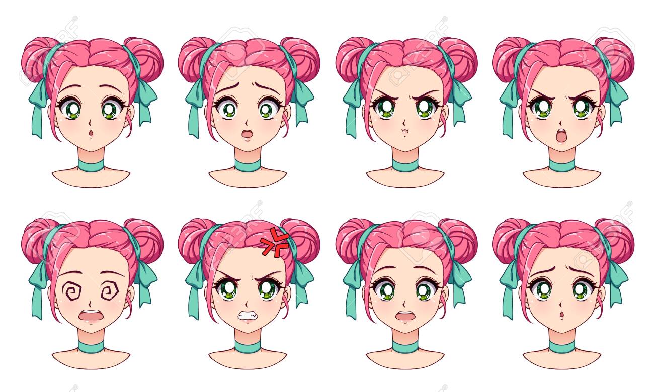 A set of cute anime girl with different expressions. Pink hair,.. A set of cute anime girl with different expressions. Pink hair,..