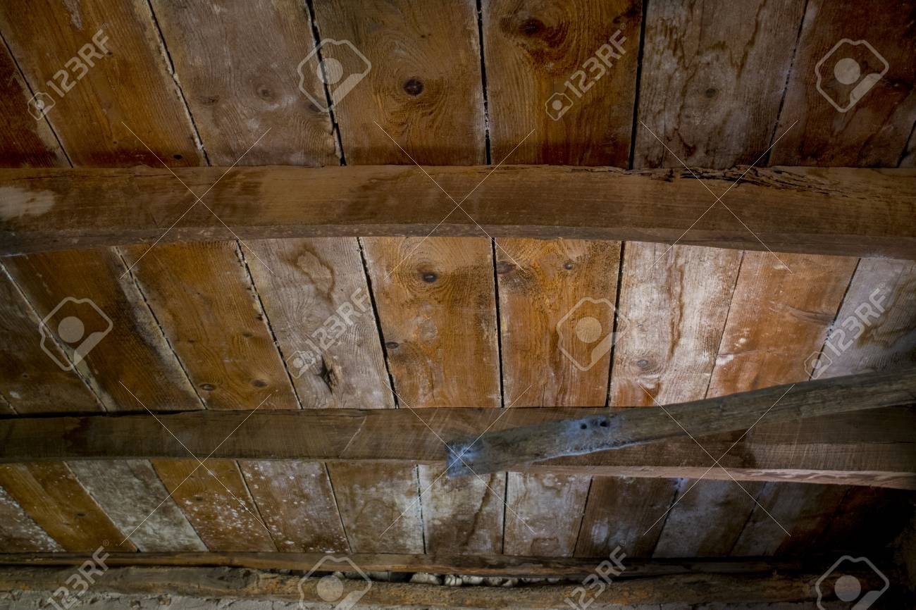 Old Wooden Ceiling Composed From Wooden Boards And Timbers Stock