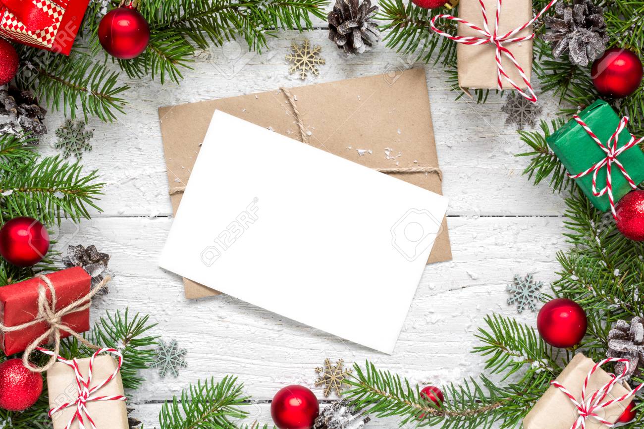 christmas blank greeting card in frame made of fir tree branches christmas blank
