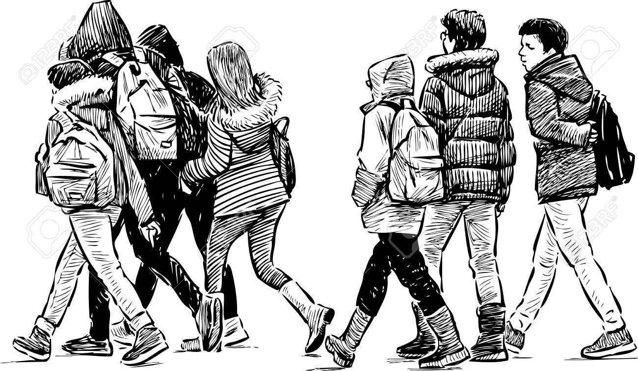 Vector Drawing Of The School Children On A Walk