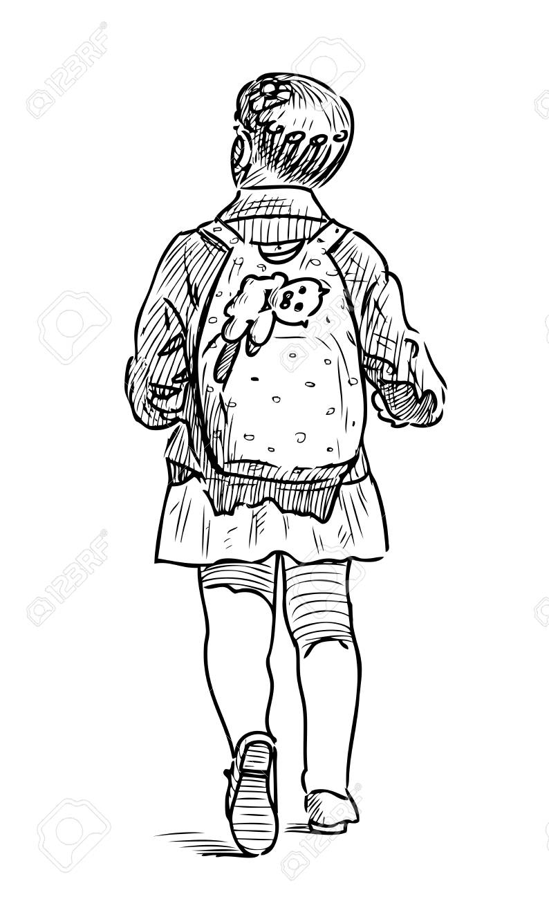 Sketch Of A Little Girl Going To School