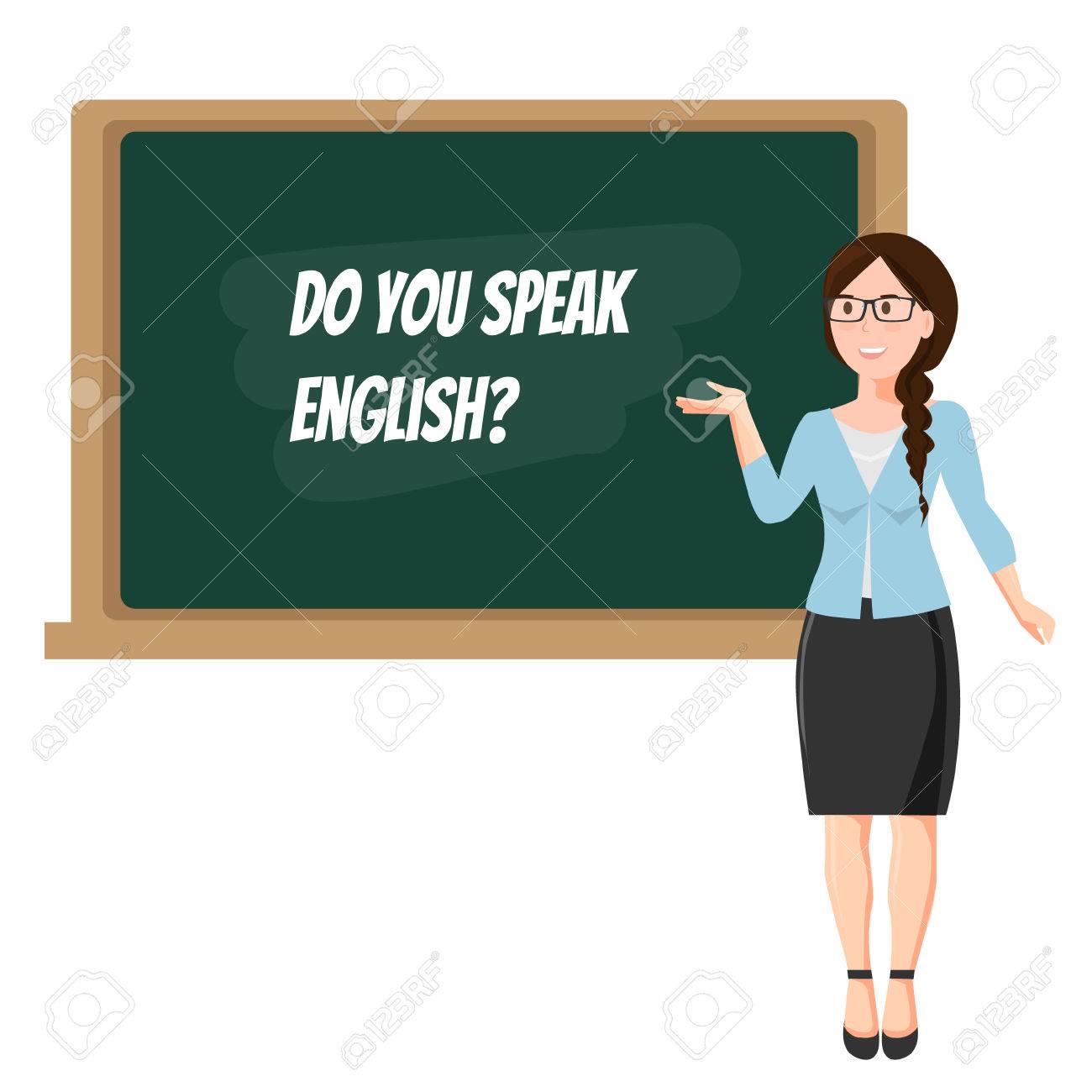 english teacher at blackboard on white background royalty free