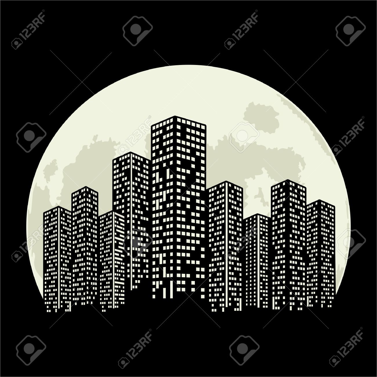 Panorama Della Grande Città Di Notte Schizzi Di Grattacieli Con Lo Sfondo Di Una Grande Luna Illustrazione Vettoriale In Bianco E Nero