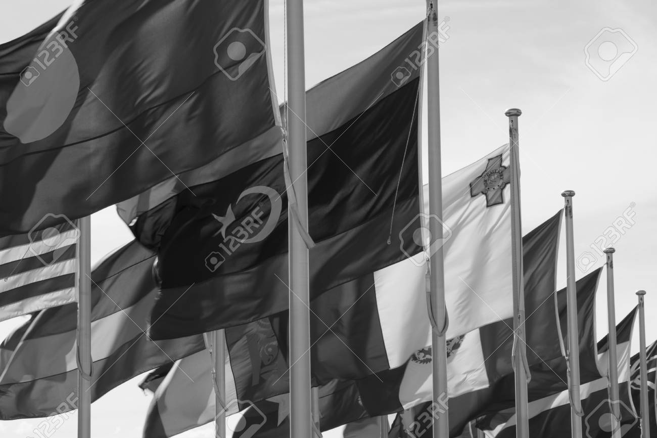 World Flags In The Wind. Black And White Photograph. Taken In Canberra,  Australia. Stock Photo, Picture and Royalty Free Image. Image 119873573., image size:1300x866