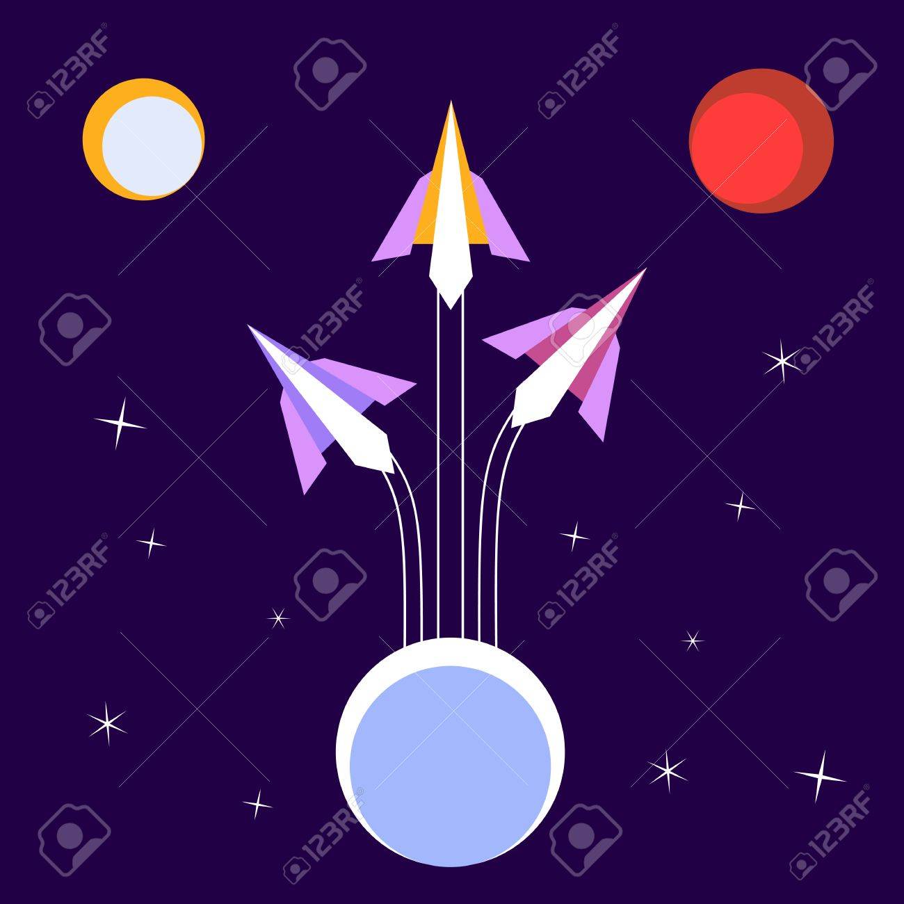 종이 로켓 비행. 벡터 포스터 탐험 태양 행성 개념입니다. 공간, 달, 행성 화성의 그림입니다. 코스모스, 은하계, 별 하늘 테마의  디자인에 대한 아이디어. 벡터 일러스트 레이 션 로열티 무료 사진, 그림, 이미지 그리고