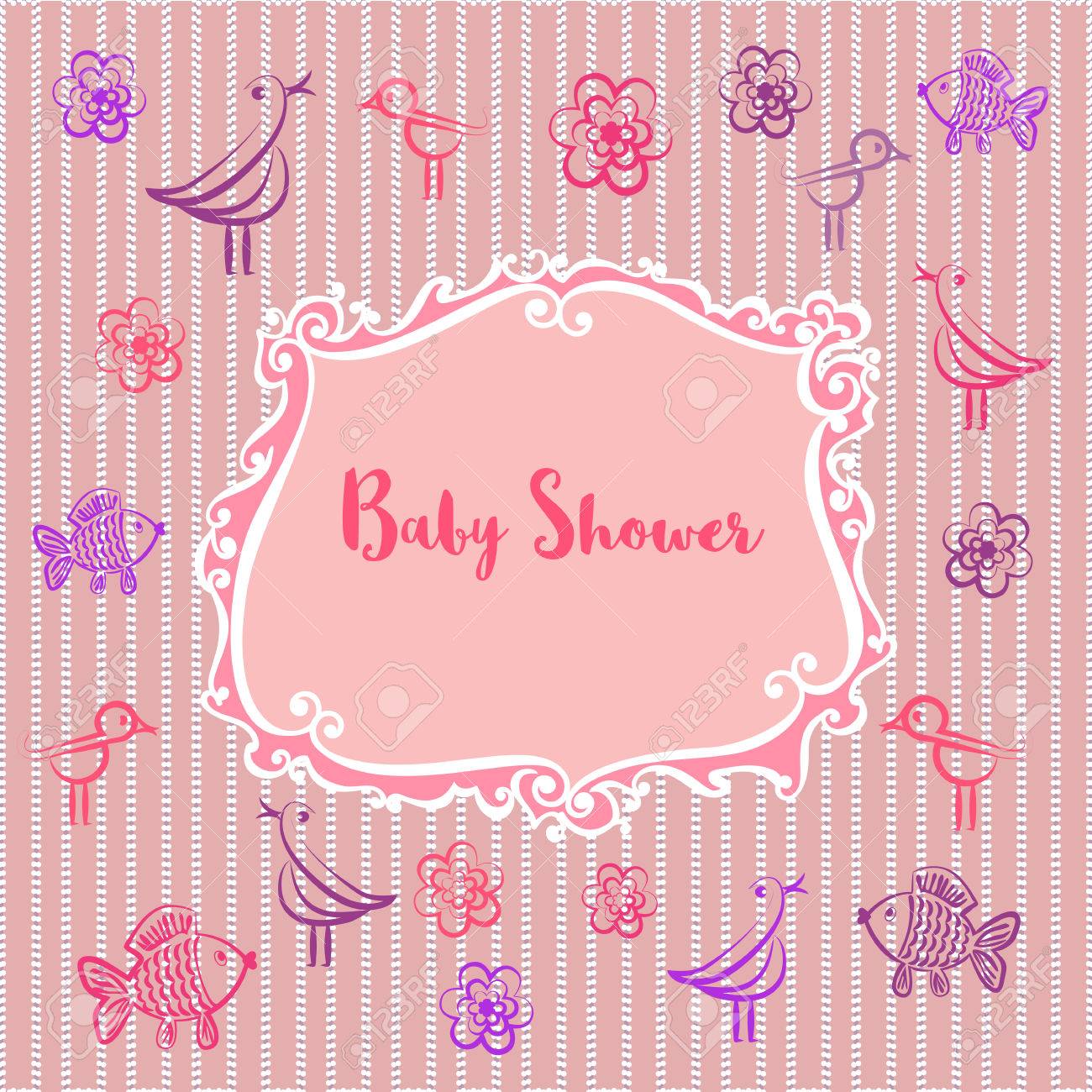 Bebe Album Photo Bebe Invitation Fille Douche Cadre Mignon Pour Photo Oiseaux De Griffonnage Fleur Poissons Couleur Rose Arriere Plan Decoratif Modele Pour L Album De Bebe Vector Illustration Clip Art Libres De Droits