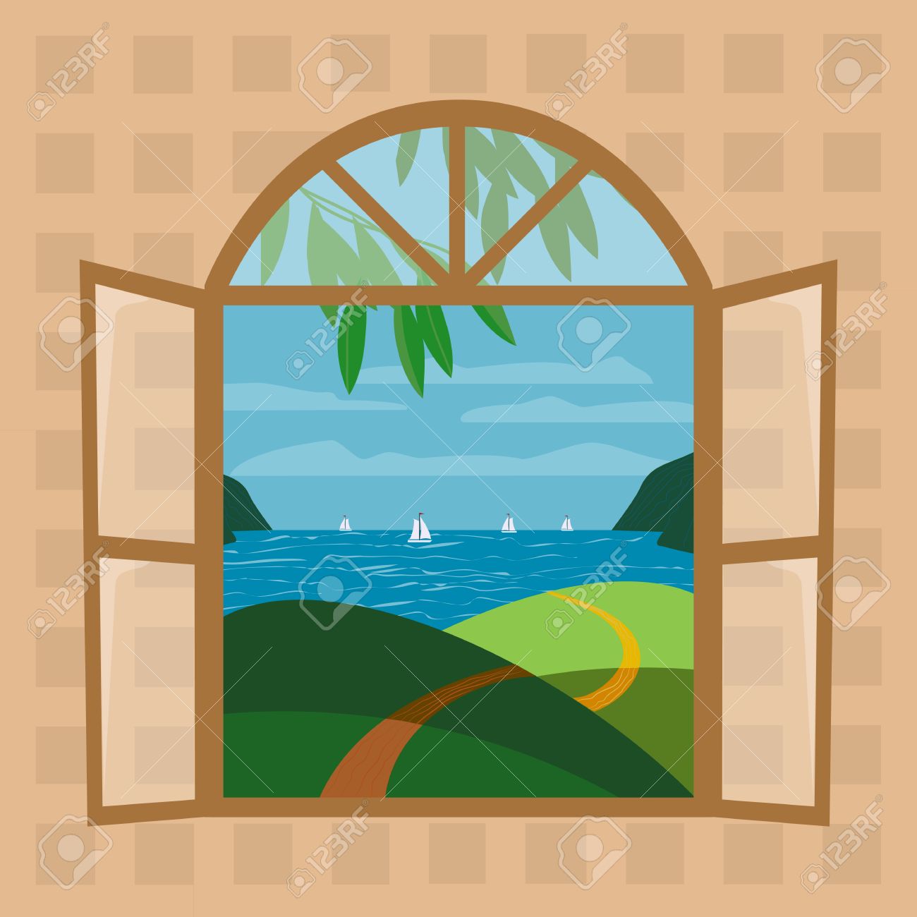 ウィンドウを開きます 窓から屋外の眺め 海パノラマ ビュー概念 ウィンドウ フレーム 開いている窓から外の景色 海岸 丘 道路 オリーブの木 晴れた日 ベクトル図 のイラスト素材 ベクタ Image