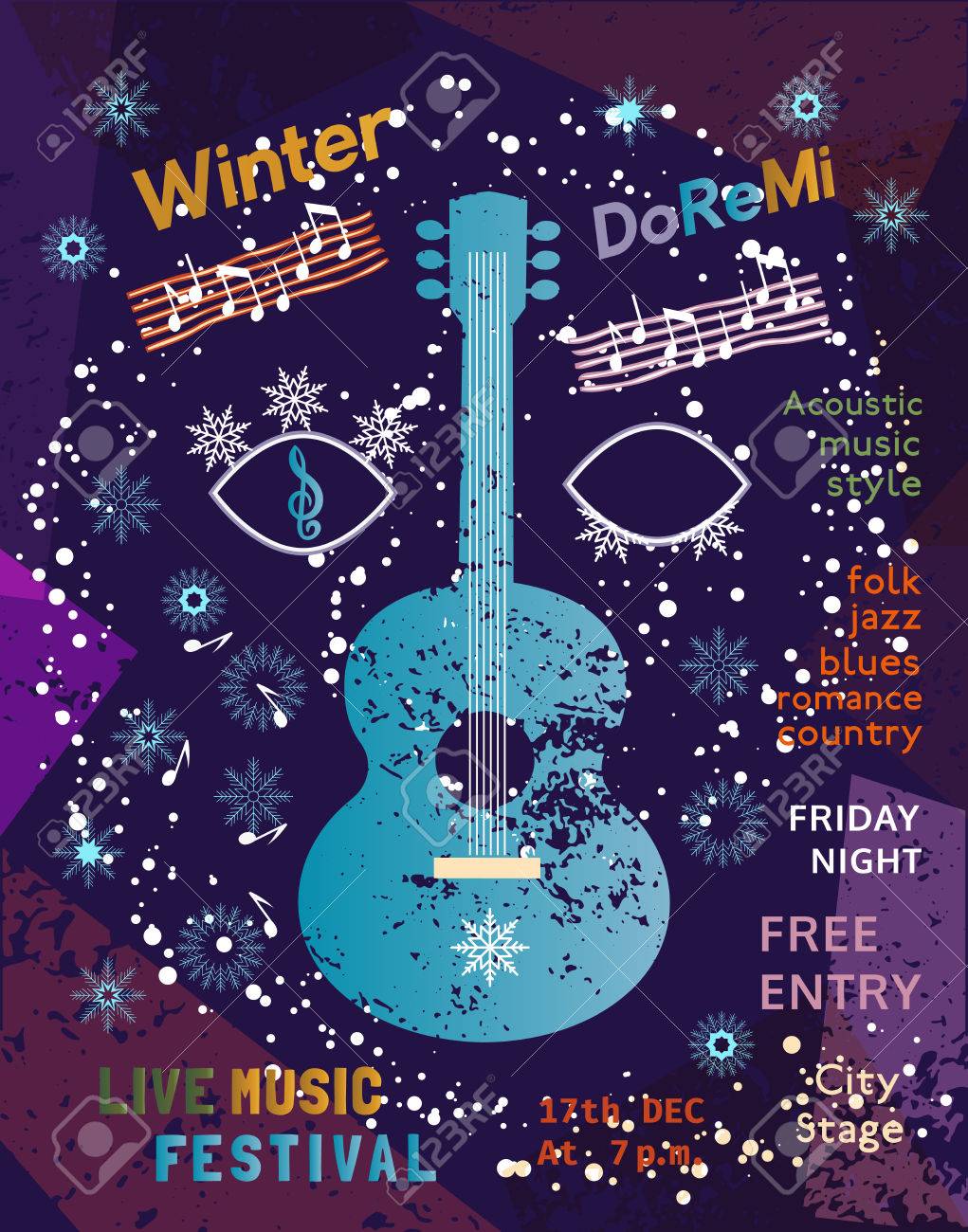 Template Poster Design With Acoustic Guitar Silhouette Idea For Seasonal Winter Live Music Festival Show Template Poster Design With Acoustic Guitar Silhouette Idea For Seasonal Winter Live Music Festival Show