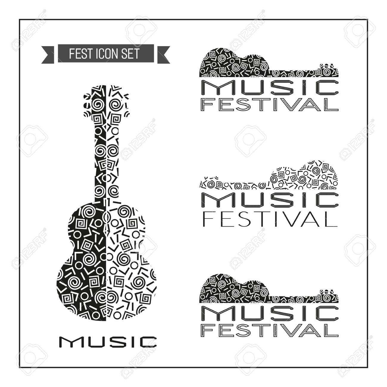 template design set of doodle acoustic guitar silhouettes royalty