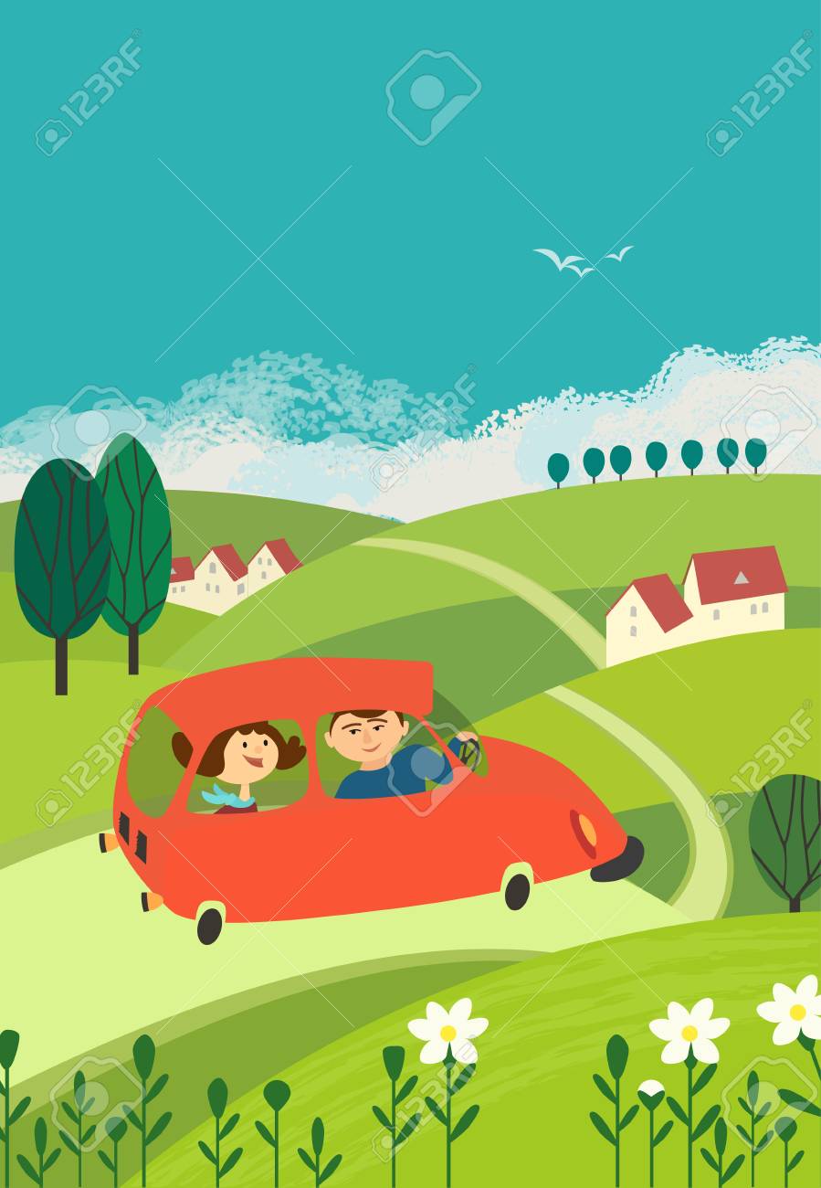 車のコンセプトで旅行 若い幸せなカップルは 外にトリップし 村のコミュニティへの農村道路で車を運転 車でのツーリング旅行 かわいい 派手な漫画着色風景の背景 ベクトルイラストのイラスト素材 ベクタ Image 車のコンセプトで旅行 若い幸せなカップルは 外にトリップし 村のコミュニティへの農村道路で車を運転 車でのツーリング旅行 かわいい 派手な漫画着色風景の背景 ベクトルイラストのイラスト素材 ベクタ Image