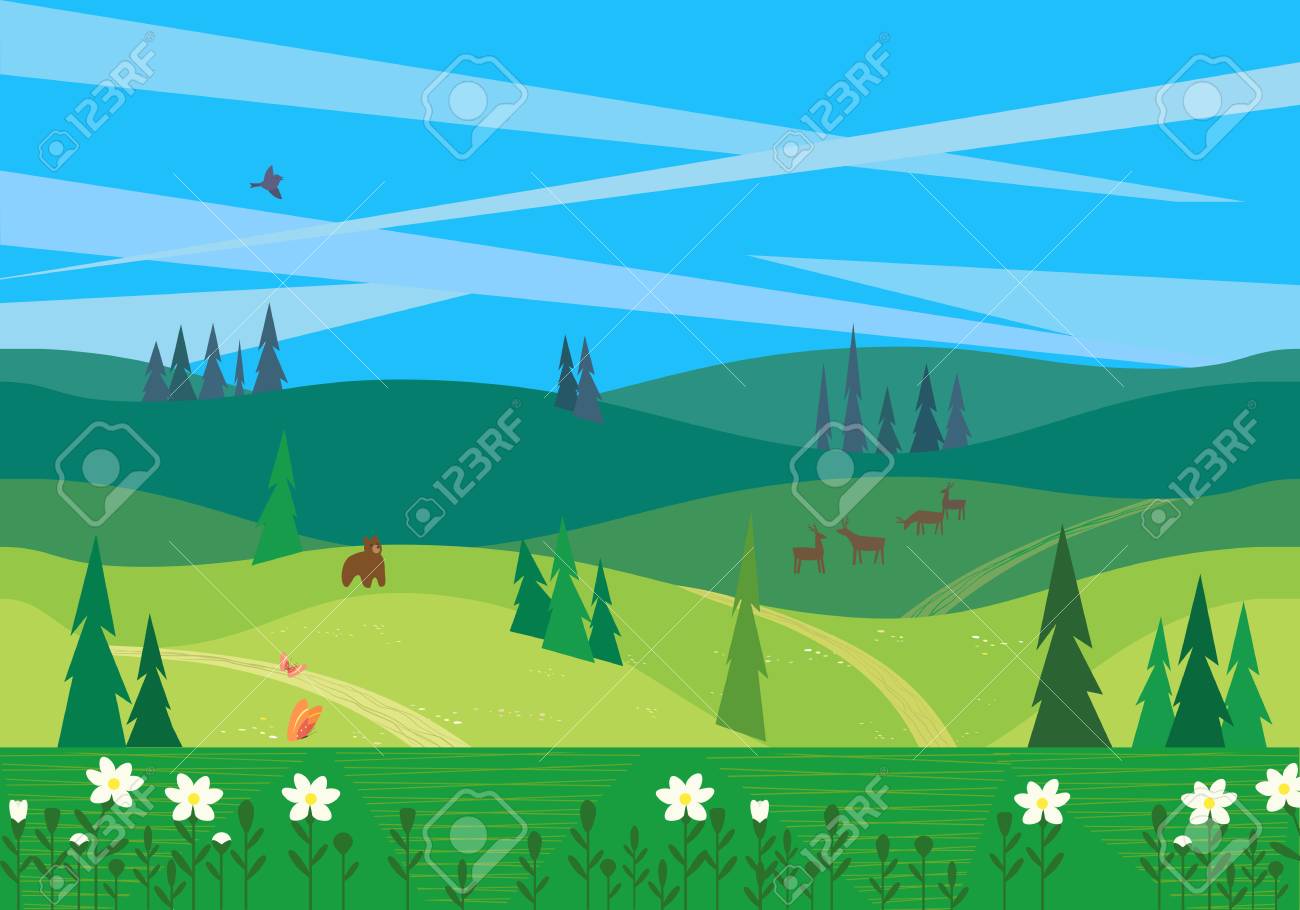 緑の谷の風景 カラフルな漫画の屋外シーン 夏の季節の自然 牧草地の田舎道 森林の野生生物 丘の上の森の中の野生動物 ベクトル田舎の背景イラスト の イラスト素材 ベクタ Image