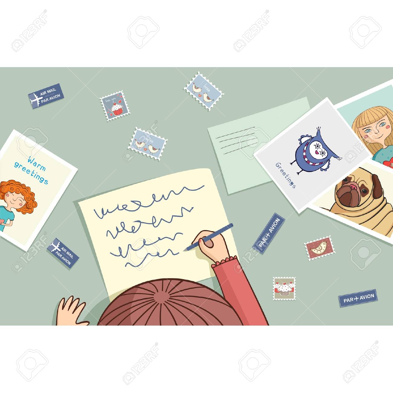 女の子は はがきと手紙を書く のイラスト素材 ベクタ Image