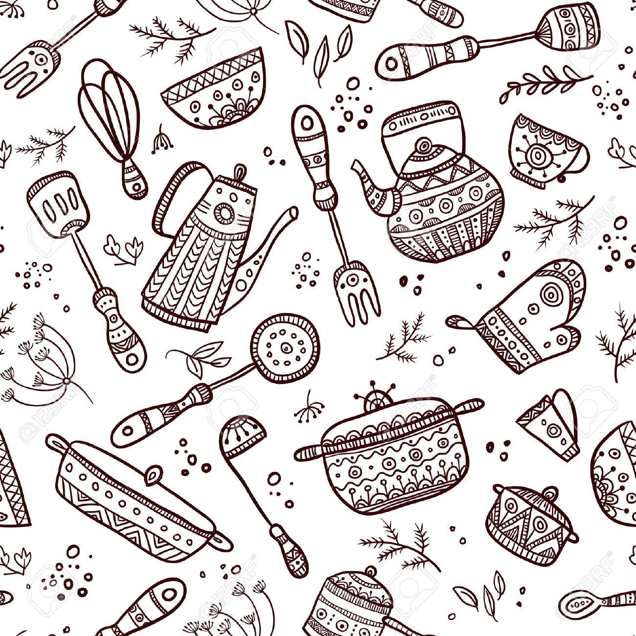 Seamless Pattern Of Kitchen Items On The White Background Can