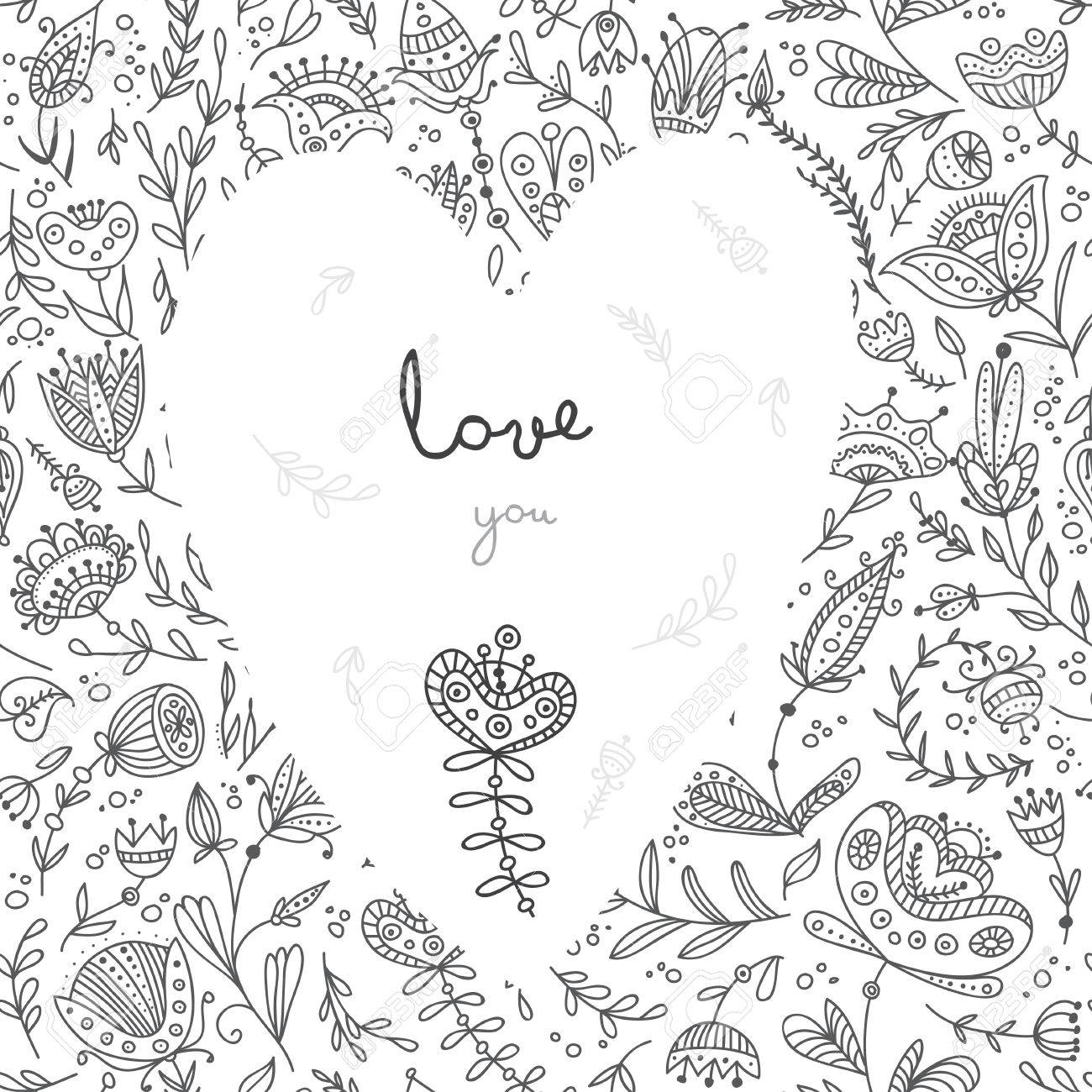 Vector Love You card with floral background and white heart Can be used as a