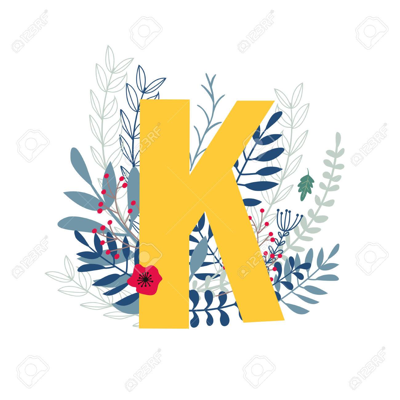アルファベット 花と植物で花のデザインの文字 K ベクトル カラフルな Abc 要素 のイラスト素材 ベクタ Image