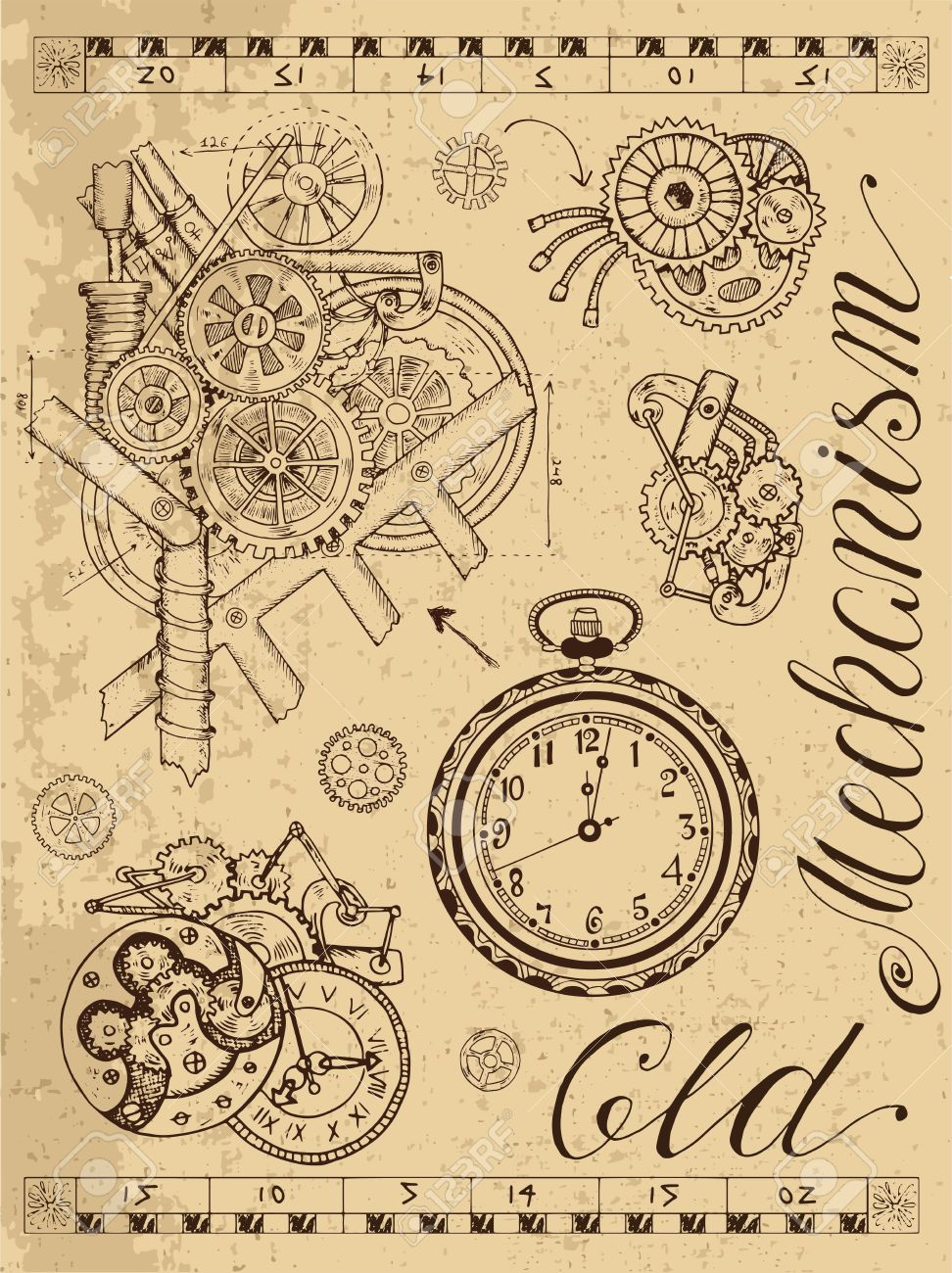 Old Mechanism Of Clock In Steampunk Style On Textured Background. Hand  Drawn Graphic Illustration, Sketch Tattoo, Retro Technology Collection With  Lettering, Cogs, Gear And Wheels Royalty Free SVG, Cliparts, Vectors, and  Stock, image size:972x1300