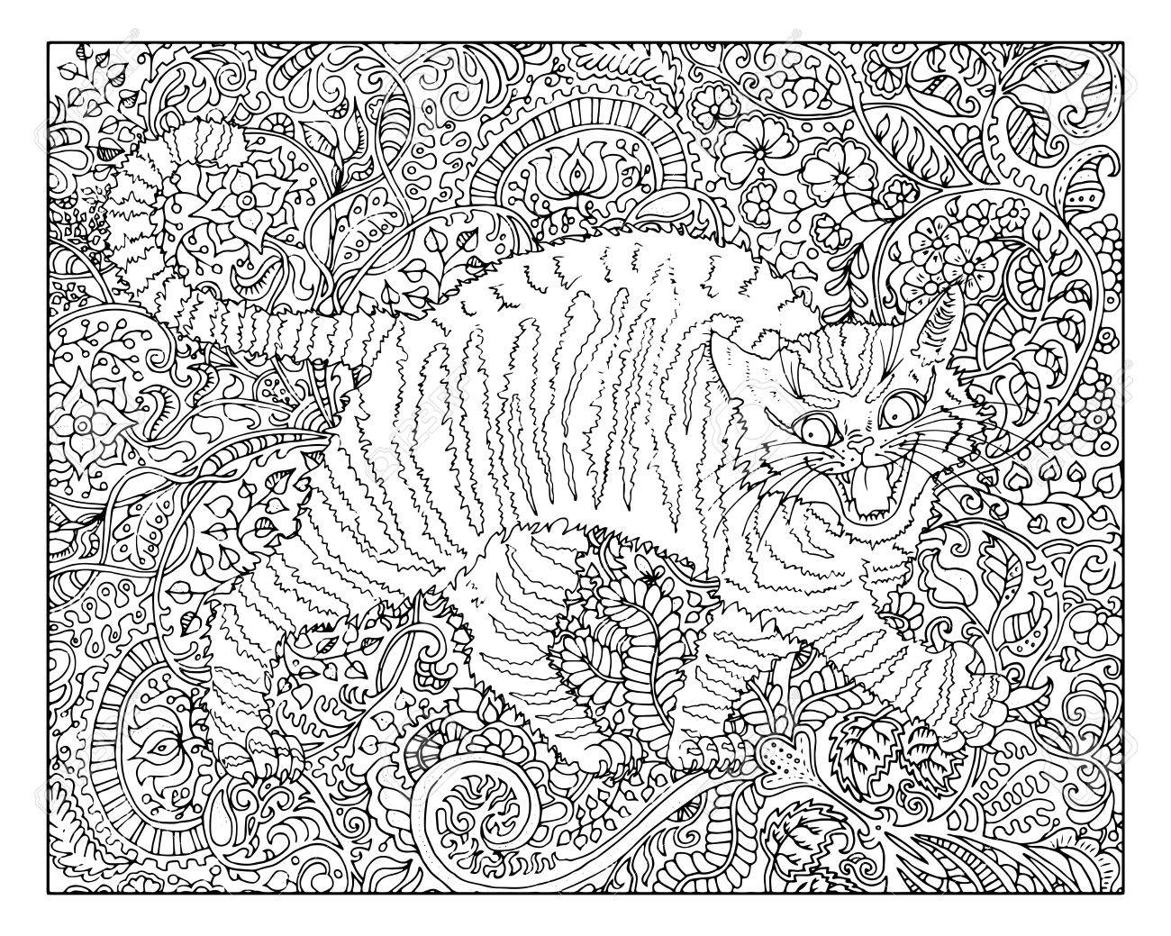 Main Chat Dessine Contre Zen Floral Motif De Fond Pour Les Adultes Livre De Coloriage Chinois Nouveau Signe Annee Astrologique Horoscope Et Symbole Vecteur Zodiaque Illustration Graphique Le Style Grave Cru Clip