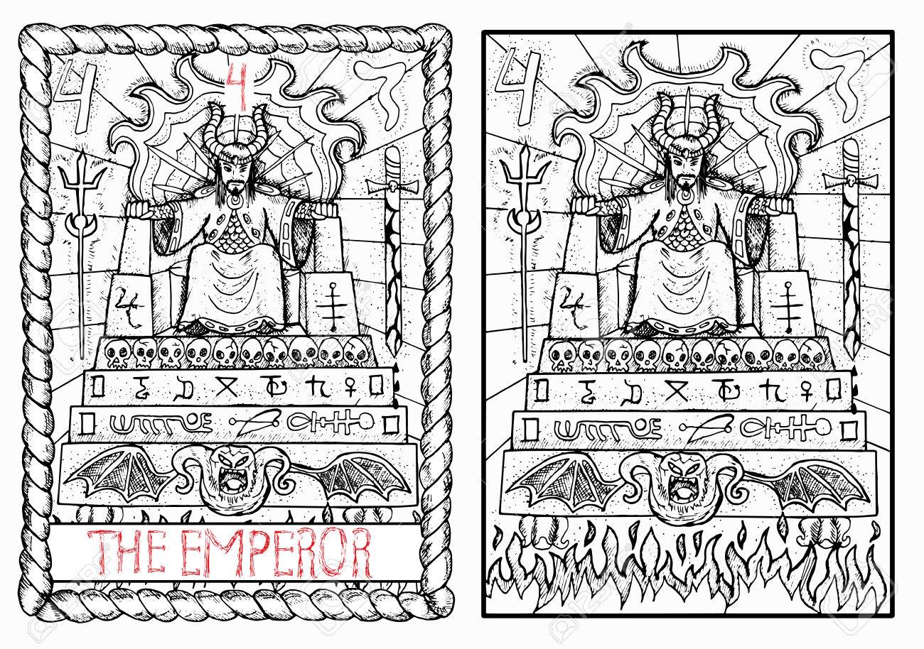 皇帝 大アルカナのタロット カード ヴィンテージ手描きには 神秘的な記号と図が刻まれています 王冠やスカルと悪魔で飾られて怖い玉座に座って王の男 の イラスト素材 ベクタ Image