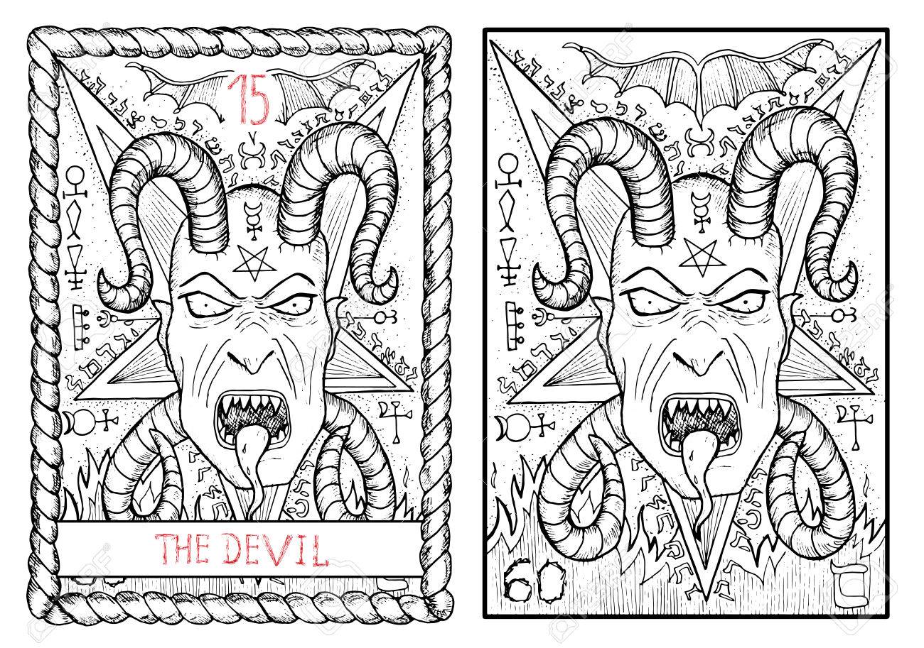 El Diablo Y El Emperador Tarot El Diablo. La Principal Arcano Del Tarot, Dibujado Mano Vintage Ilustración  Grabada Con Símbolos Místicos. Demonio Cara De Miedo Con Cuernos Y  Colmillos Contra El Fondo Estrella De Cinco Puntas. La Imagen