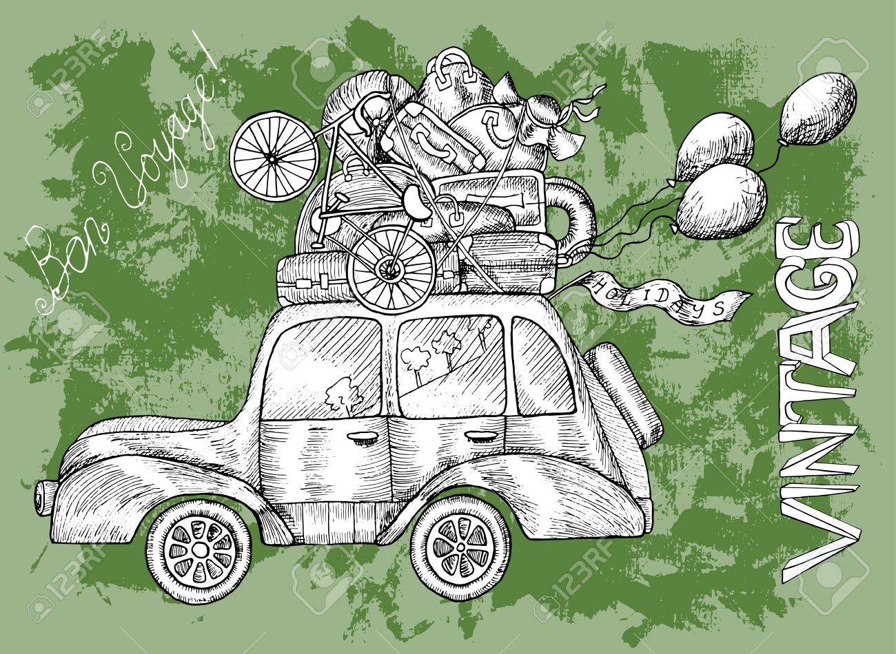 Carte De Joyeux Anniversaire Avec Vieille Voiture Retro Bagage Texte Et Ballons Sur Fond Texture Doodle Line Art Illustration Avec Des Elements De Dessin Dessines A La Main Passez Un Bon Voyage Carte De Joyeux Anniversaire Avec Vieille Voiture Retro Bagage Texte Et Ballons Sur Fond Texture Doodle Line Art Illustration Avec Des Elements De Dessin Dessines A La Main Passez Un Bon Voyage