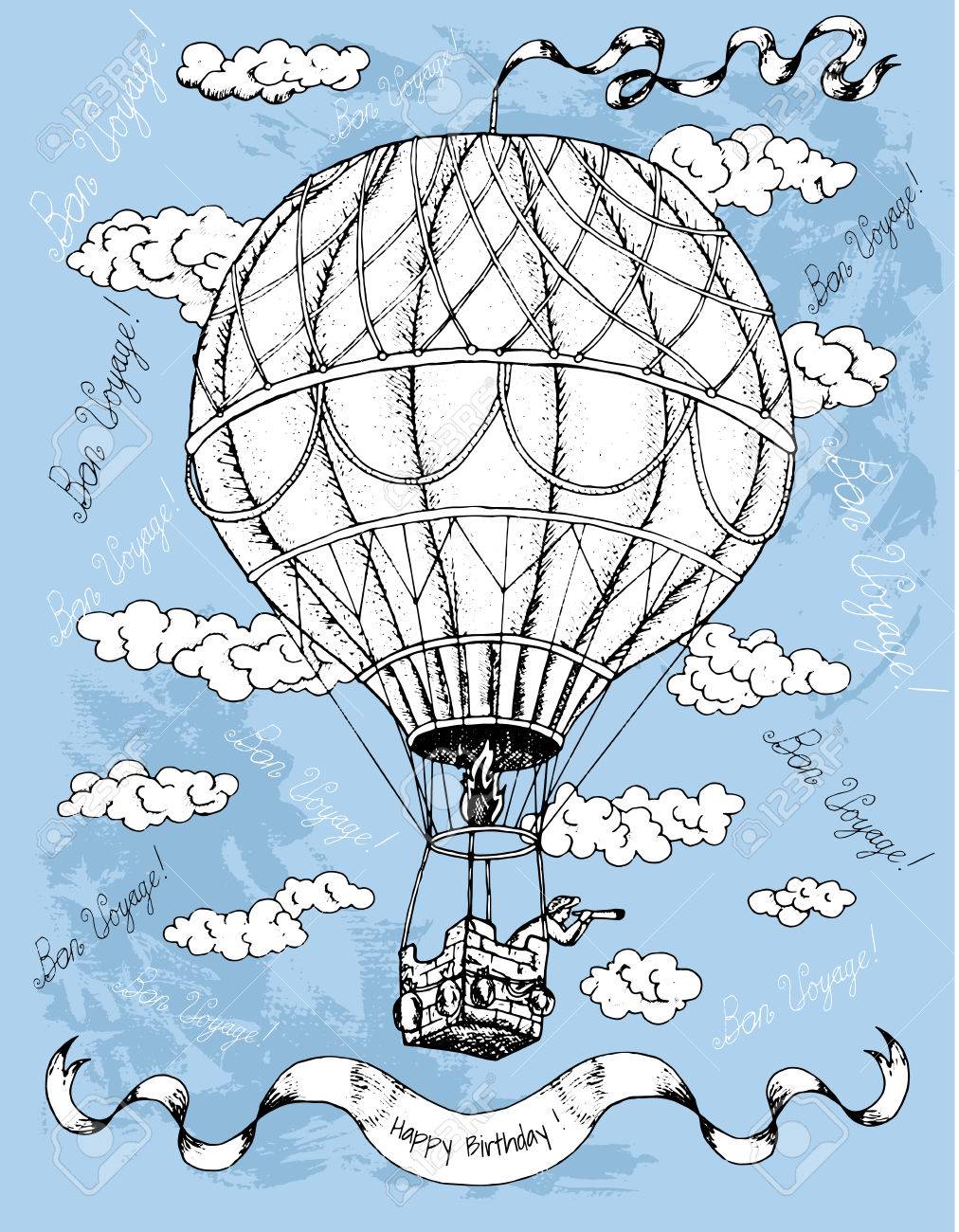 手には 白い気球を雲と青いテクスチャ背景上のテキストとイラストが描かれました 落書き線アート デザイン要素を持つヴィンテージの誕生日カード 良い旅テキストがフランス語であります のイラスト素材 ベクタ Image