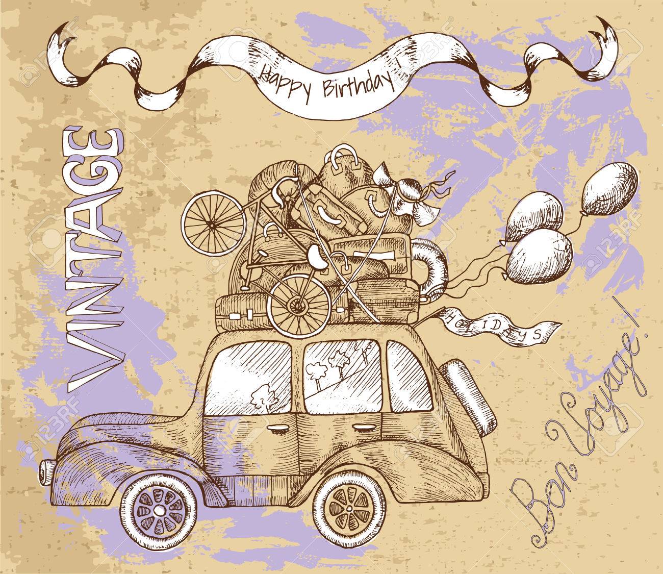 Carte Vintage Joyeux Anniversaire Avec Une Voiture Retro Des Bagages Du Texte Et Des Ballons Sur Fond Texture Doodle Line Art Illustration Avec Des Elements De Dessin Dessines A La Main Passez Carte Vintage Joyeux Anniversaire Avec Une Voiture Retro Des Bagages Du Texte Et Des Ballons Sur Fond Texture Doodle Line Art Illustration Avec Des Elements De Dessin Dessines A La Main Passez