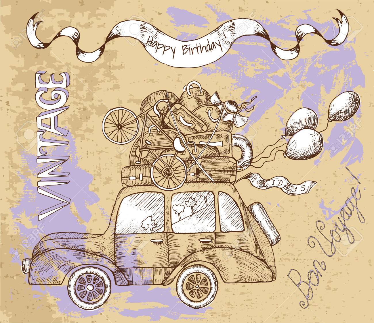 Carte Vintage Joyeux Anniversaire Avec Une Voiture Retro Des Bagages Du Texte Et Des Ballons Sur Fond Texture Doodle Line Art Illustration Avec Des Elements De Dessin Dessines A La Main Passez