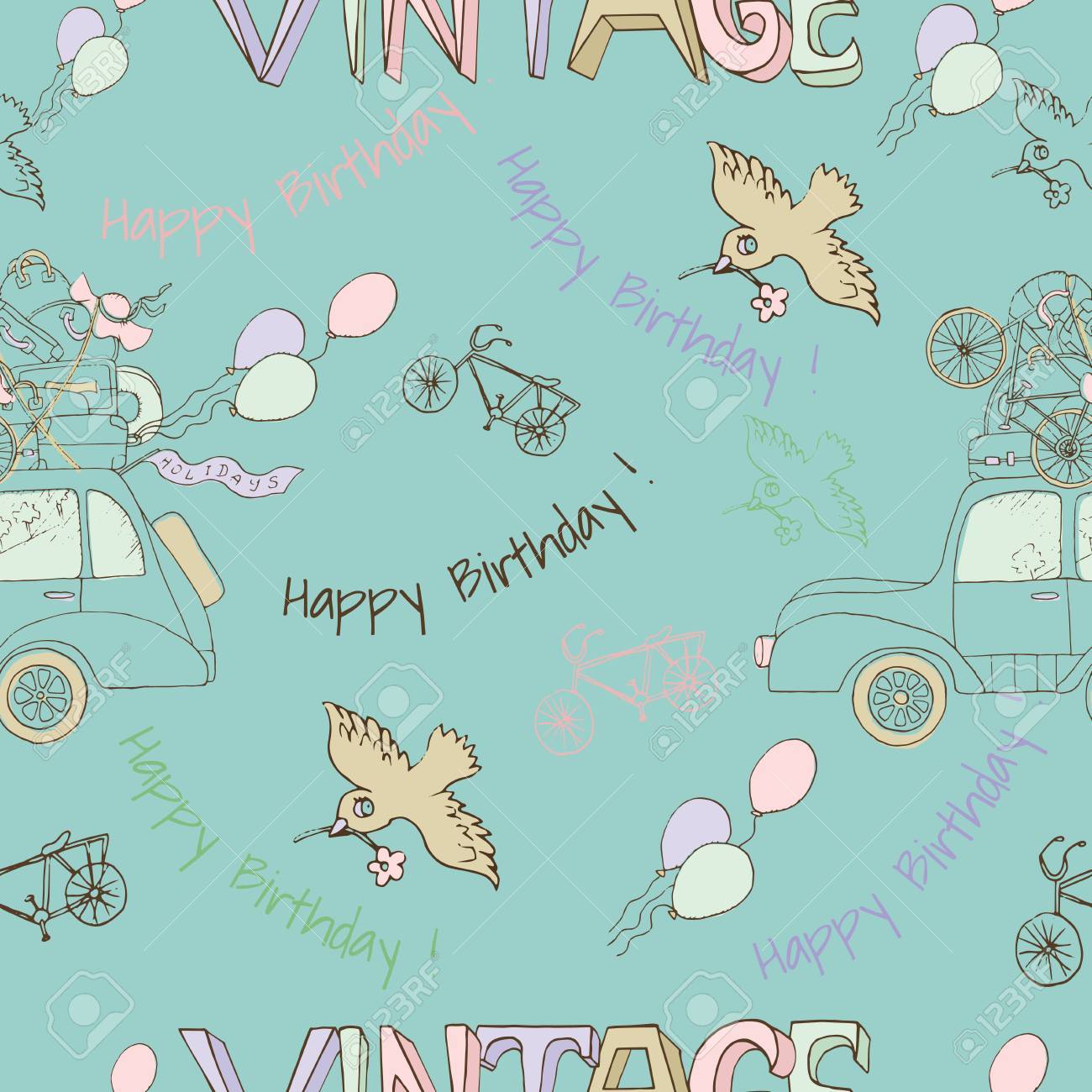 Arriere Plan Transparent Vintage Avec Vieille Voiture Oiseaux Et Velos Theme De Joyeux Anniversaire Dessin Au Trait Doodle Avec Des Elements De Conception Dessines A La Main Clip Art Libres De Droits