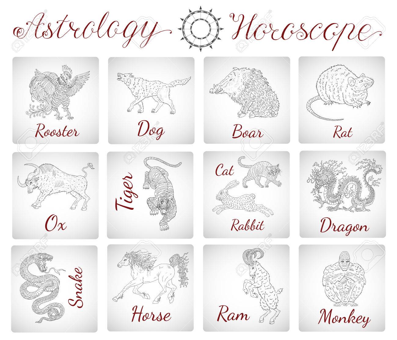 Astrology Set With Chinese Zodiac Animals. Asian New Year Calendar Symbols.  Graphic Collection Of Horoscope Vector Signs. Hand Drawn Linear  Illustrations Royalty Free SVG, Cliparts, Vectors, and Stock Illustration.  Image 62160091.