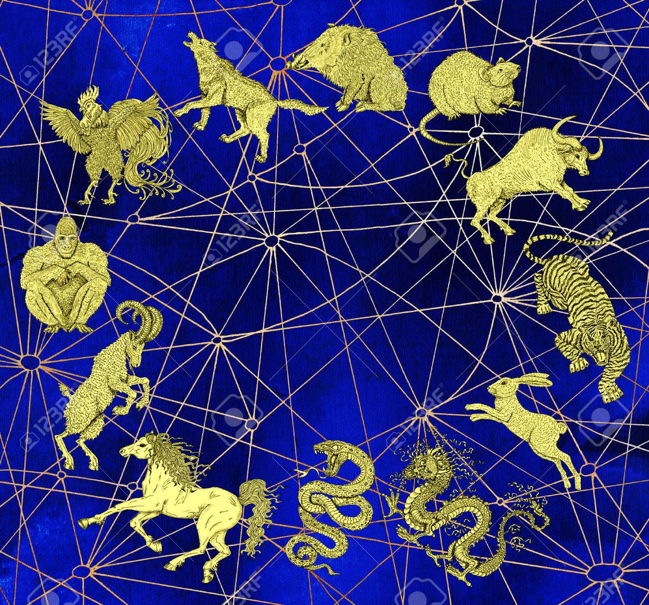 12 の黄道帯動物のチャートと青い神秘的な背景 ビンテージ ホリデイ コレクション新年カレンダーと星座の記号が刻まれました グラフィックの落書き イラスト 神秘的な秘密の概念 の写真素材 画像素材 Image