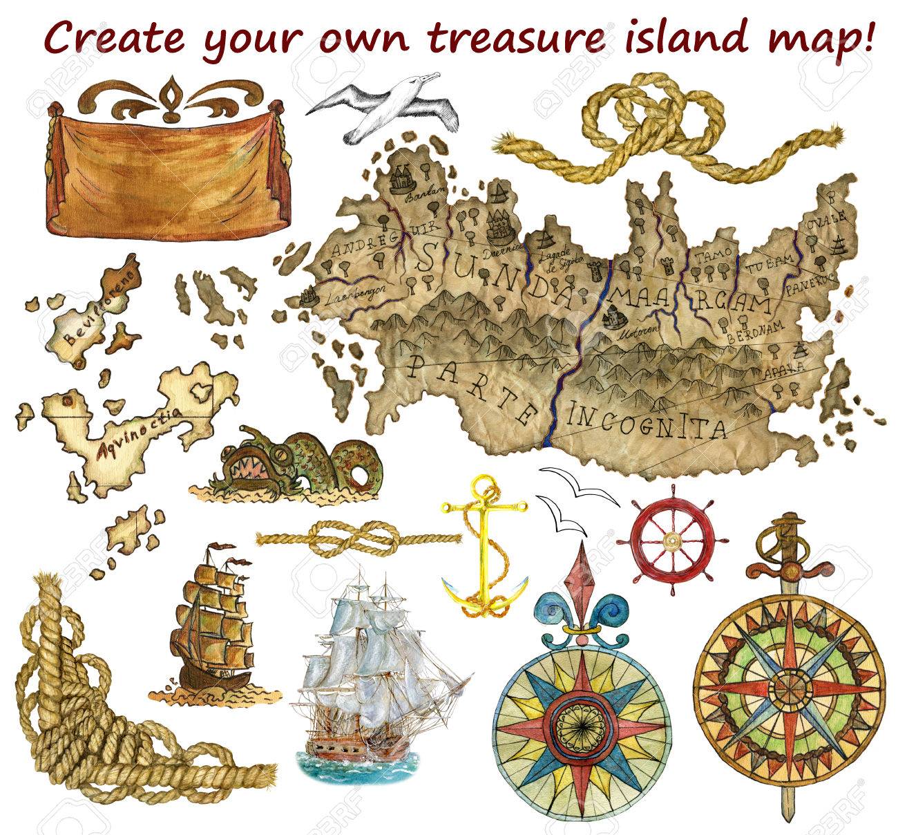 宝の島や分離の海賊マップを設定します 手には グラフィックと水彩のイラストが描かれました ファンタジーの土地 ウィンド ローズと船 ビンテージの冒険 宝物狩りと古い交通機関の概念 の写真素材 画像素材 Image