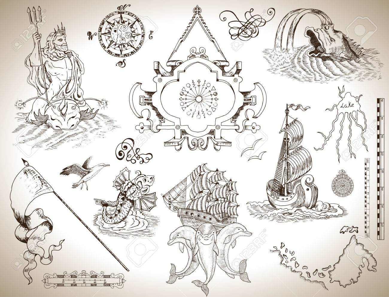 Design set of vintage graphic drawings with banner