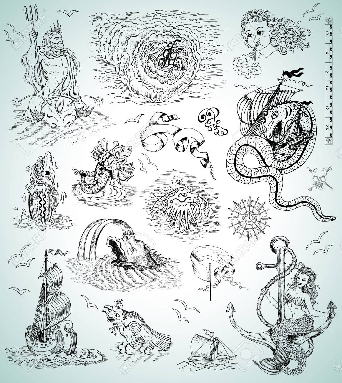 デザインと Mythologycal の海の生き物 船 人魚 マップ ロゴの海洋のシンボル グラフィックのセット 刻まれたイラスト 海賊冒険 宝探し 古い交通機関の概念のイラスト素材 ベクタ Image