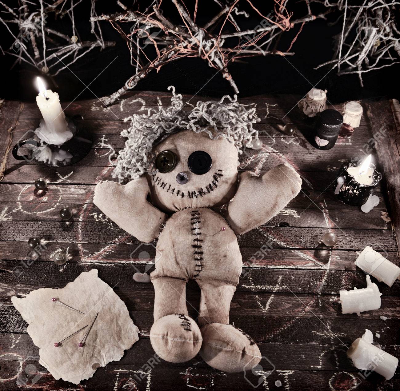 Voodoo Ritual With Doll And Magic Objects In Vintage Grunge Style.  Halloween Background, Black Magic Rite Or Spell With Occult And Esoteric  Symbols. Stock Photo, Picture And Royalty Free Image. Image 68064443.