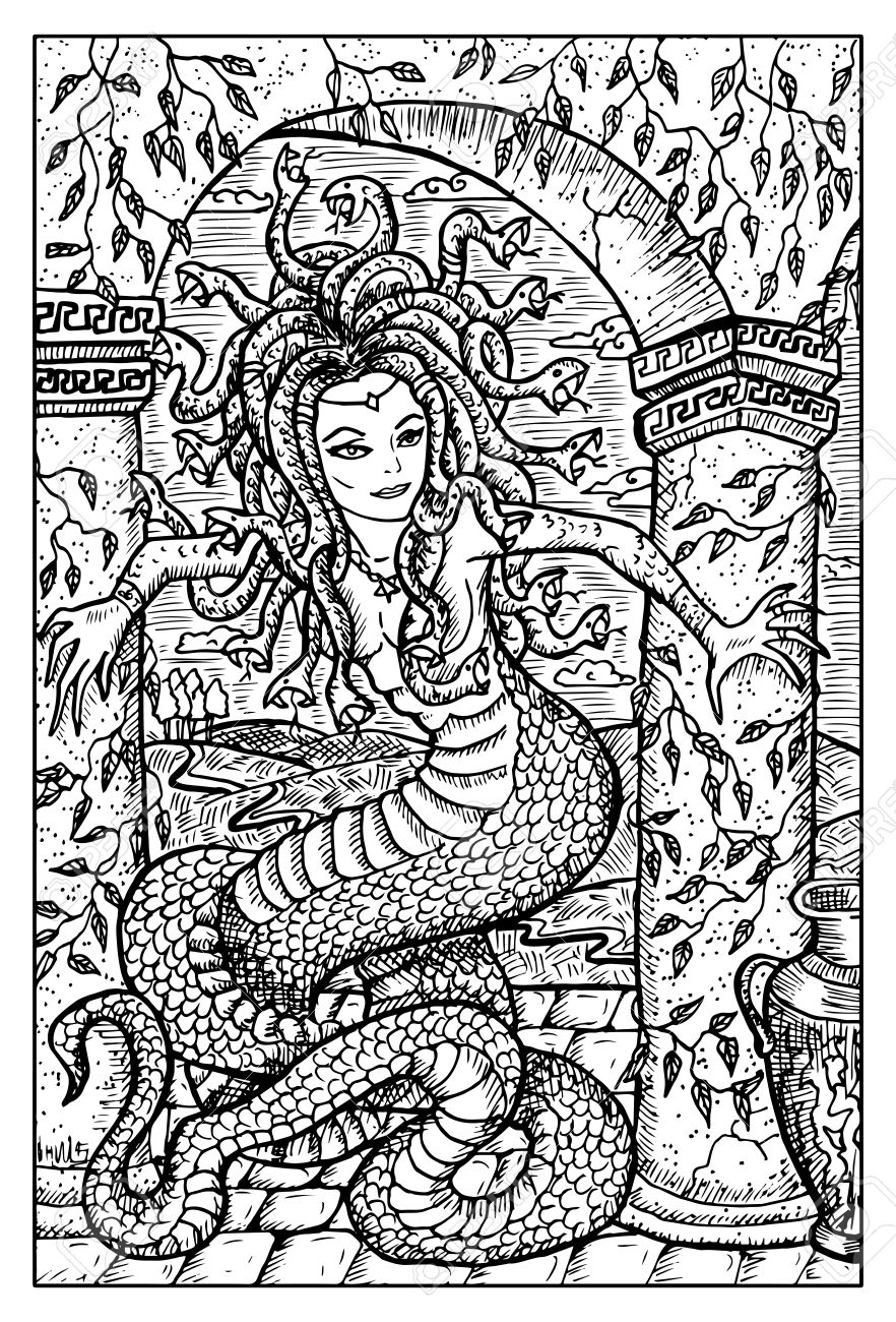 ゴルゴン 旧式な神話文字 ヘビの体と髪の女性 ファンタジーの魔法の生き物のコレクションです 手には ベクター グラフィックが描画されます 刻まれたライン アート図面 グラフィック神秘的な落書きのイラスト素材 ベクタ Image